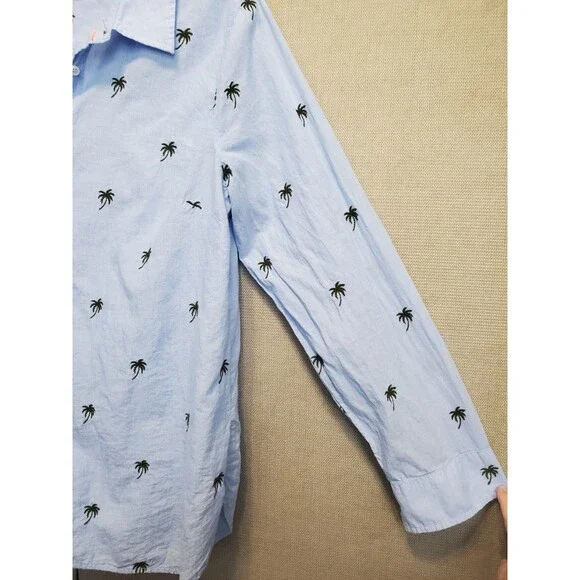 Talbots 100% Cotton Blue Embroidered Palm Trees Long Sleeve Button-Up Shirt Sz L - Picture 2 of 6
